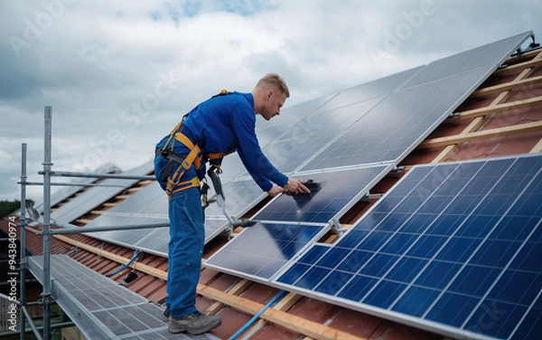 Fototapeta Close-up of a solar power engineer installing solar panels on a roof, with an electrical technician at work, showcasing detailed installation process and technical expertise