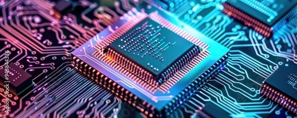 Obraz Close-up of a colorful microchip on a motherboard, showcasing intricate circuit details and technology concept.