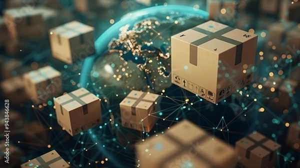 Fototapeta A digital representation of global shipping with floating packages around a globe.