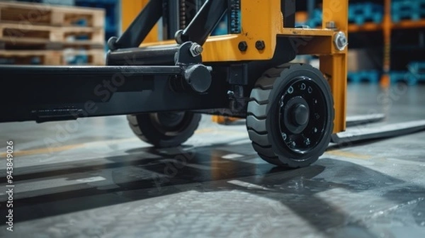 Fototapeta Close-up of a pallet truck's wheels and forks lifting a pallet