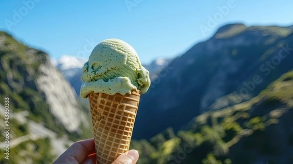 Fototapeta A single scoop of pistachio ice cream in a waffle cone, held in front of a scenic mountain view with clear skies.