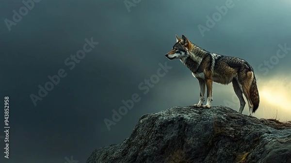 Fototapeta A lone wolf standing on a rocky hill, with a storm brewing on the horizon, a symbol of strength and solitude.