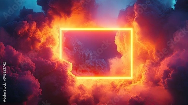 Fototapeta Futuristic background featuring a neon rectangle frame in orange and yellow, surrounded by dramatic cloud formations, blending technology and nature.