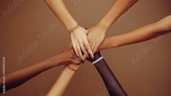 Fototapeta Hands of diverse individuals joining together in unity against a muted backdrop