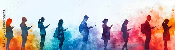 Fototapeta People with Watercolor Technology Devices and Smartphones concept as A group of people using watercolor technology devices with smartphones set against a fantastical background offering ample space fo