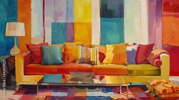 Fototapeta Colorful and vibrant living room with a multi-colored sofa, decorative pillows, and abstract background, creating a playful and cozy atmosphere.