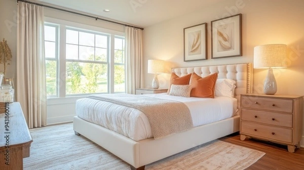 Fototapeta Spacious bedroom with king-size bed, nightstands, and large windows, bright and airy, soft colors