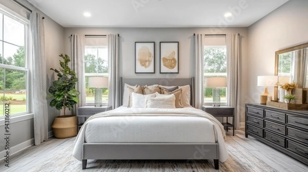 Obraz Spacious bedroom with queen-size bed, nightstands, and large windows, soft colors, bright and airy