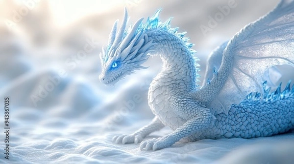 Obraz glacial dragon with intricate frost patterns on scales, cold blue aura, bright spotlight, isolated white background,