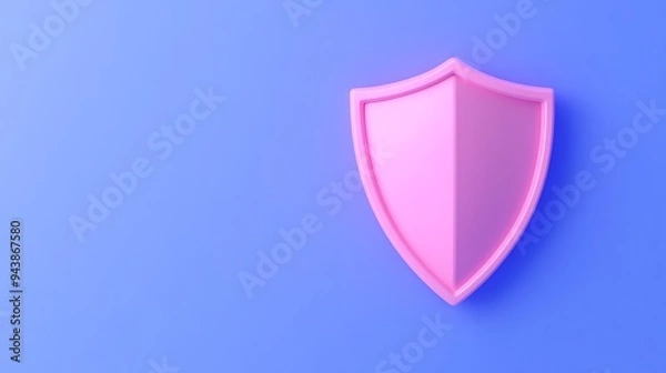 Fototapeta Pink shield icon on a blue background, symbolizing protection, security, and safety in a minimalist 3D rendering.