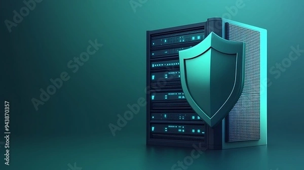 Fototapeta Secure server room with shield symbolizing data protection, cybersecurity, and information safety in a modern technological environment.