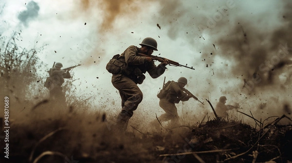 Fototapeta World war two Soldiers charging through battlefield during intense combat