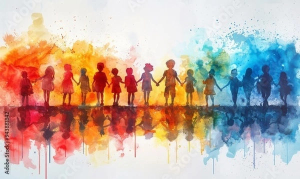 Fototapeta A lively gathering of children holding hands, celebrating Holi with vibrant colors splashed across a white background, capturing the spirit of joy and togetherness