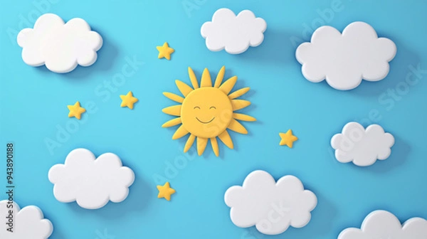 Fototapeta paper cut out style illustration of a happy yellow sun with clouds, cut-out animation cartoon book illustration, blue background for kids content social media