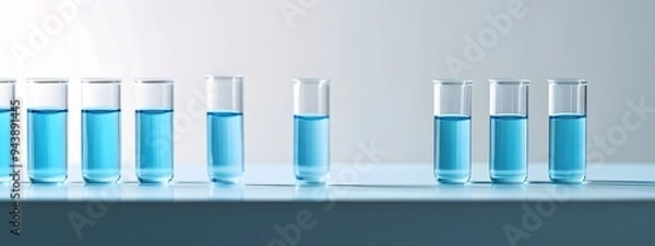 Fototapeta A close-up of test tubes filled with blue liquid, arranged on an industrial shelf in the laboratory. The focus is on one tube that contains a light turquoise and white gradient color liquid