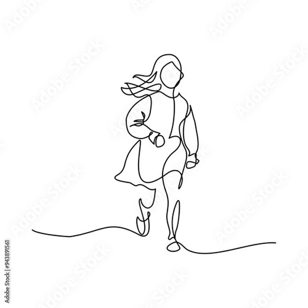 Obraz Running girl in continuous line art drawing style. Front view of running female child in a dress. Black linear sketch isolated on white background. Vector illustration