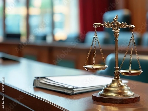 Fototapeta A close-up view of a scale of justice on a courtroom table, symbolizing law, balance, and fairness in legal proceedings.