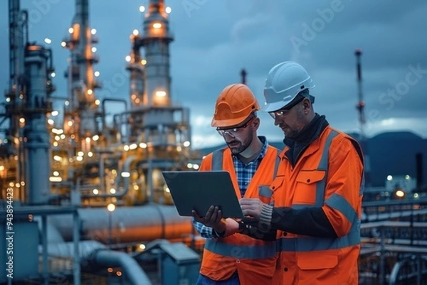 Fototapeta Two men in orange safety vests are looking at a laptop computer
