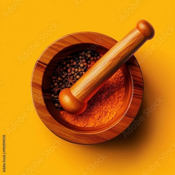 Fototapeta A wooden mortar and pestle with colorful spices, perfect for culinary use, set against a vibrant yellow background.