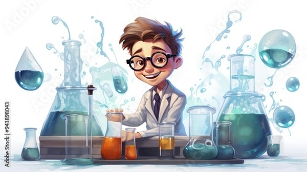 Fototapeta Illustration of a child chemist doing research, wearing a lab coat and carrying a conical flask.