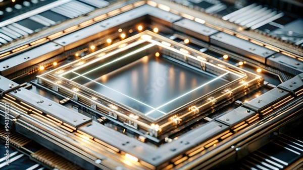 Fototapeta Quantum circuit border with glowing lines and central copy space concept as A quantum themed border frame with glowing circuit lines that frame a central copy space. The design is intricate representi