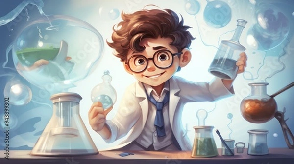 Fototapeta Illustration of a child chemist doing research, wearing a lab coat and carrying a conical flask.
