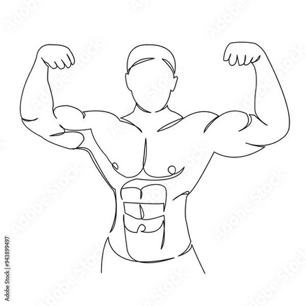 Obraz One continuous single drawing line art doodle design, male, fitness, athlete, muscle, bodybuilding. Isolated image hand draw contour on a white background