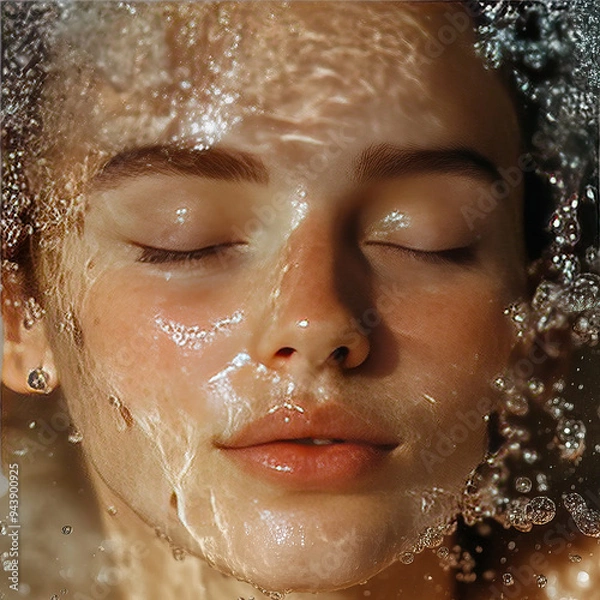 Obraz Close-up portrait of a young woman with wet hair, glowing skin, and striking blue eyes, standing indoors with a serene expression