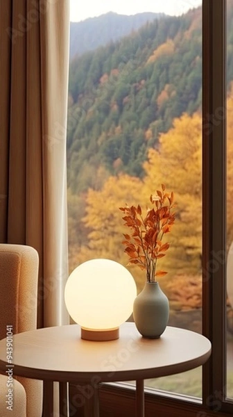Fototapeta A minimalist Japanese-inspired space showcases floor-to-ceiling windows, stunning mountain views at dusk, a soft glowing lamp, and simple but elegant decor for a peaceful ambiance