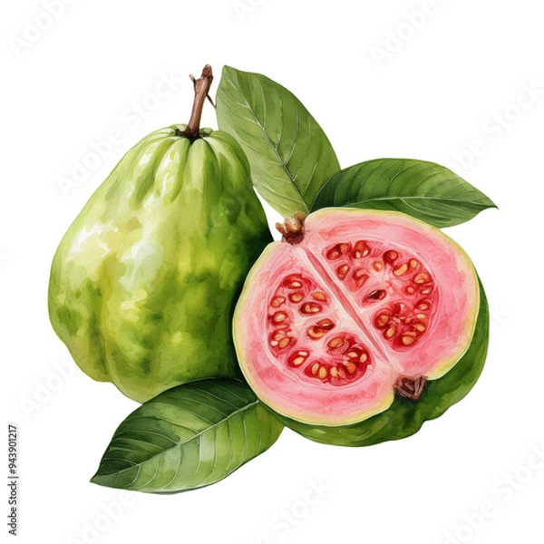 Obraz Fresh green guava with a pink interior cut in half, showing seeds. 