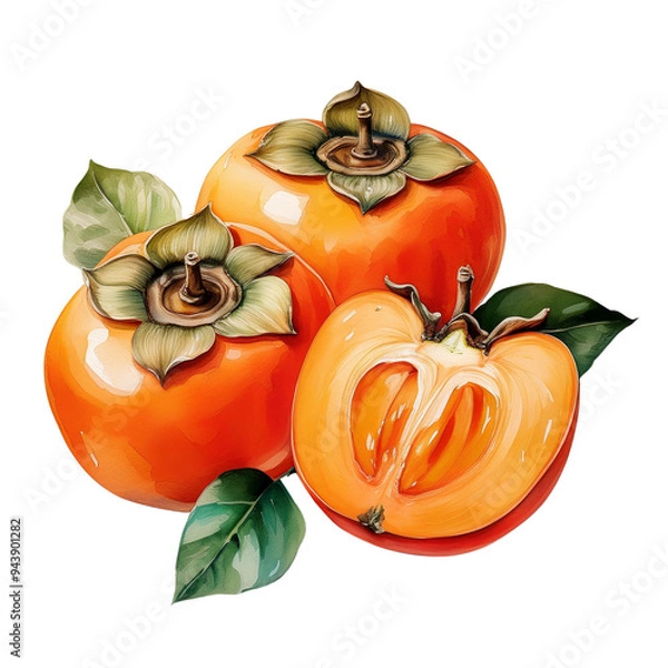 Obraz Fresh persimmons with green leaves. Whole and sliced pieces showcasing 