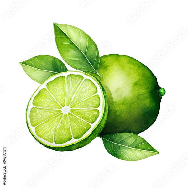 Obraz Fresh juicy lime illustration with green leaves transparent background