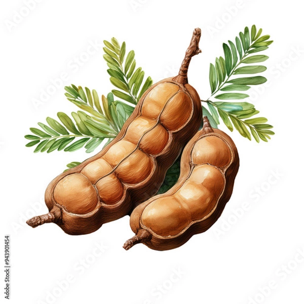 Obraz  fresh tamarind pods with green leaves, showcasing natural, transparent background