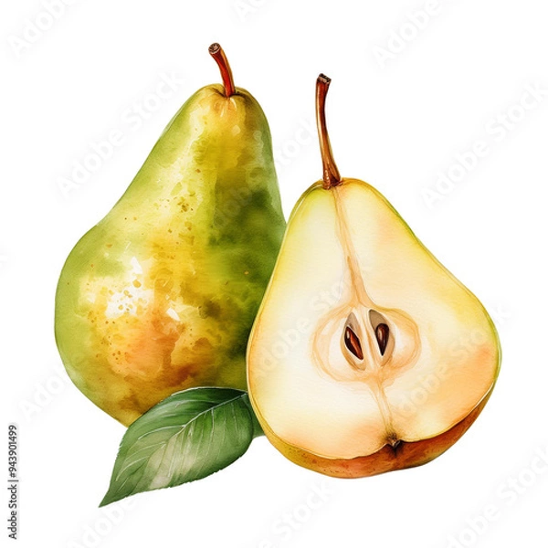 Obraz watercolor illustration of whole pear and half pear transparent background