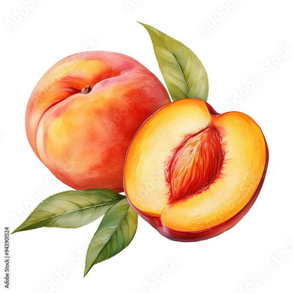 Obraz Ripe peach illustration with one whole and one half, showcasing juicy texture, transparent background