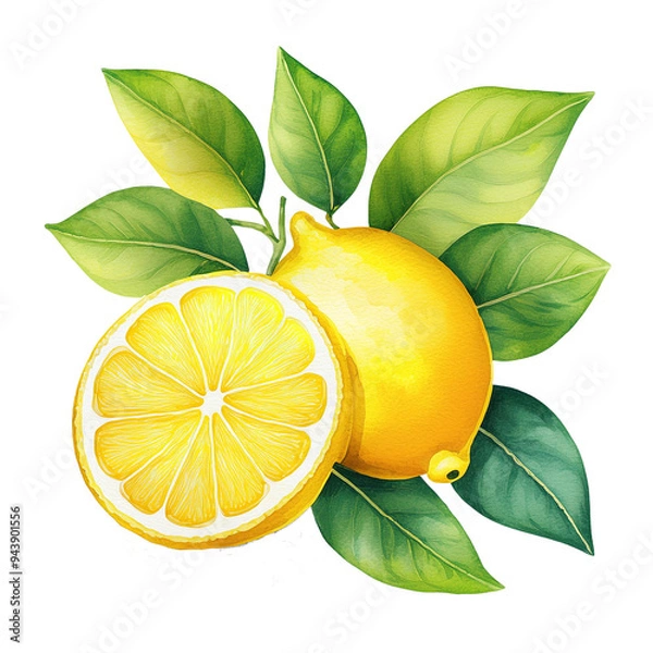 Obraz watercolor a whole lemon and lemon slice with lush green leaves transparent background