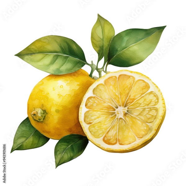 Obraz Watercolor painting of a whole lemon and a lemon half with vibrant green leaves pngม transparent background