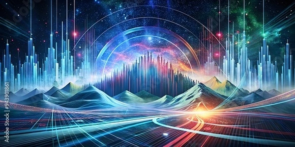 Fototapeta dynamic digital pattern with bright lines and dots for wallpaper