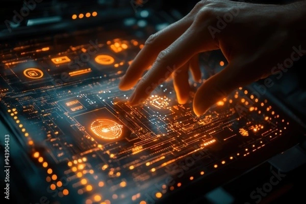 Fototapeta Futuristic Technology Interface with Glowing Orange Lines and Hand