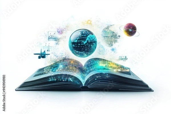 Fototapeta Open Book with Digital Globe and Data Visualization