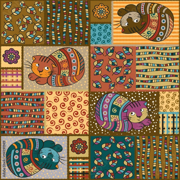 Fototapeta Patchwork. Seamless vector pattern with stylized cats.