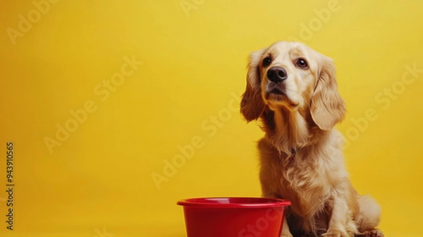 Fototapeta dog and food bowl on clean background with space for text or graphic design.