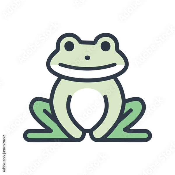 Fototapeta Cheerful green frog cartoon illustration. A smiling green frog cartoon illustration with a white belly and green legs, symbolizing happiness, good luck, and new beginnings.