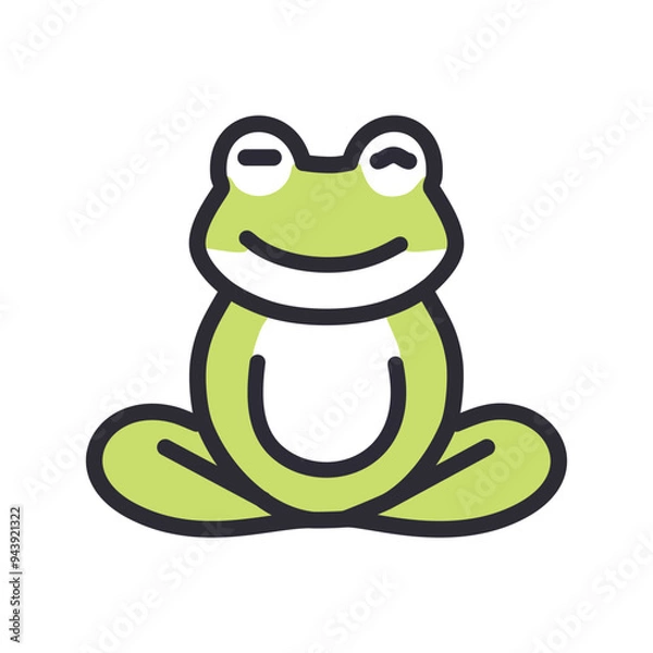 Fototapeta Happy frog sitting in meditation pose. A cute cartoon frog sits in a meditative pose with a peaceful smile, suggesting relaxation, tranquility, and mindfulness.