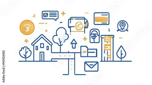 Obraz This illustration showcases a digital landscape featuring homes, financial elements, and icons representing communication and connection