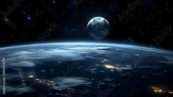 Fototapeta Stunning view of Earth and a bright moon in the dark vast space.