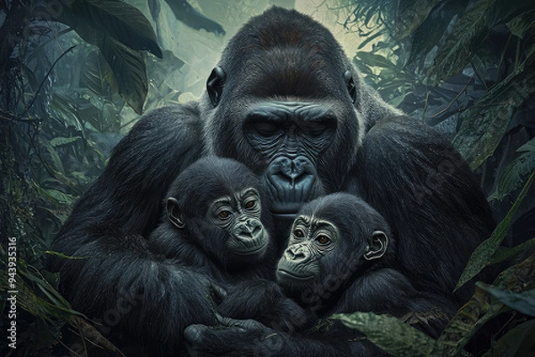 Fototapeta A Heartwarming Close Encounter with a Gorilla Family in Their Lush Jungle Habitat, Captivating Nature's Intimacy and Bonding.