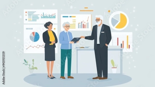 Fototapeta A financial advisor explains investment options to two clients in a contemporary office filled with financial charts and graphs