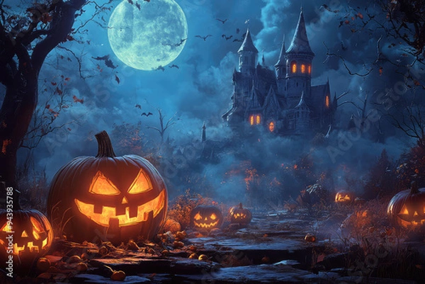 Fototapeta A Spooky Halloween Night: Glowing Jack-o'-Lanterns Light Up a Mysterious Pumpkin Patch Under a Full Moon