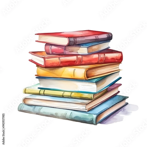 Fototapeta Watercolor pile of school books isolated on white	